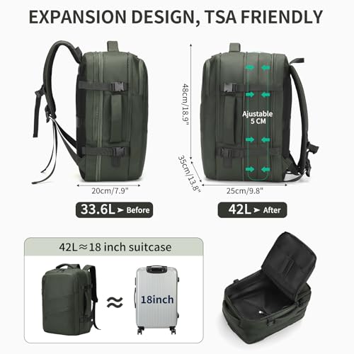 Travel Backpack for Men, 18 Inch Carry on Laptop Backpack with USB A/C Port, 40L Expandable TSA Flight Approved Bag Pack, Black, Green - color: Green