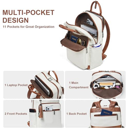 Shrrie Laptop Backpack for Women 15.6 inch Travel Leather Backpack Purse Work Computer Backpacks for Business College Beige - color: Beige