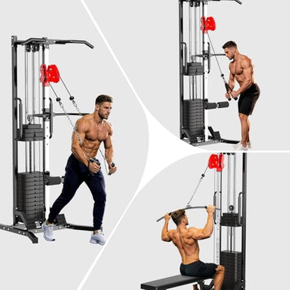 Cable Crossover Power Rack with 70kg Weight Stack,Single Arm Fly,High Low Pull Multi-Functional Home Gym