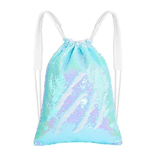 MHJY Sparkly Drawstring Backpack Mermaid Sequin Dance Bag Sports Gym Beach Swim Backpack Birthday Easter Gift Bag | Dance Bag - color: Mermaid Pale Blue