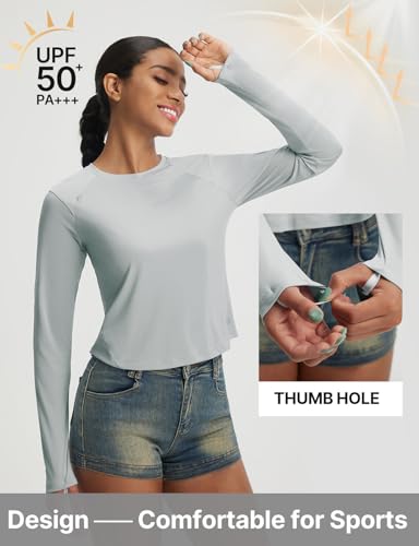 baleaf Women's UPF 50+ Long Sleeve Sun Shirts Crop Rash Guard UV Workout Tops SPF Slim Fit Lightweight Athletic Hiking - color: Light Gray, size: X-Small