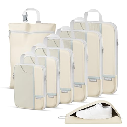 Percover Compression Packing Cubes for Travel, 8-Piece Structured Compression Organizer Set with Laundry Bag & Shoe Bag for Carry-On & Checked Luggage, Beige - color: Beige, size: 8 Set
