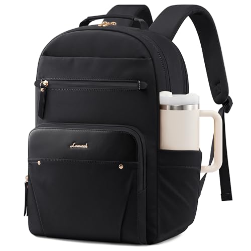 LOVEVOOK Laptop Backpack for Women with Leather Trim & Tumbler Pockets, 17.3" Work Backpack Purse, Travel Personal Item Bag, Carry On Business Computer Bag for Office, School, or Gift, Black - color: Black, size: 17.3 inches
