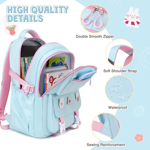 DIGOBAY 3PCS Girls Backpack for School, Large Kids Backpack for Girls with Lunch Box Pencil Case Set for Teen Girl Elementary Primary Middle High College School Bookbag with Cute Pins Aquamarine-Pink - color: Aquamarine-pink