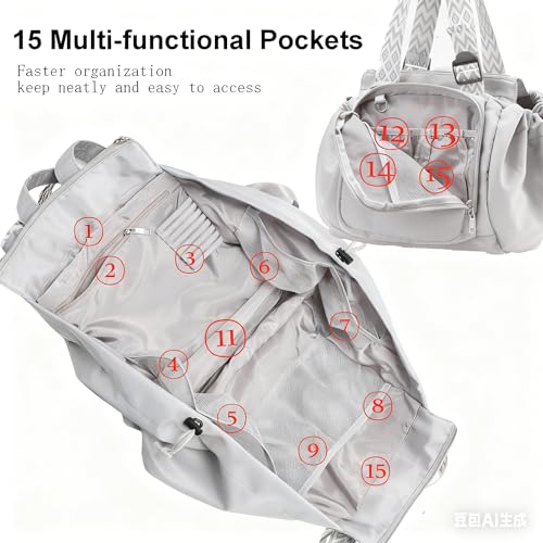 Tote Bag Large Capacity Lightweight Backpack with 15 Pockets Nylon Shoulder Bag for Car Travel Mother Bag - color: Gray