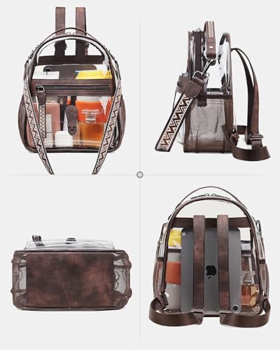 FADEON Clear Small Backpack Purse for Women, Designer Transparent Shoulder Handbag, PVC Mini Clear Bag for Stadium Approved - color: Coffee Brown Retro Style