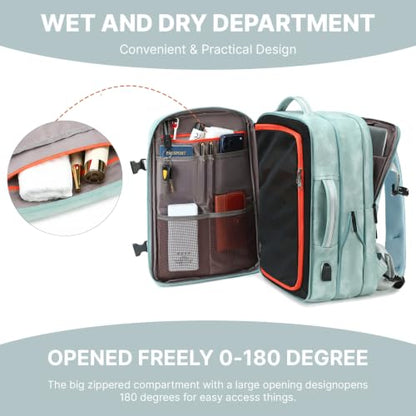 Travel Backpack for Women, PU Leather Carry On Backpack Flight Approved with Laptop Compartment, 40L Expandable Personal Item Travel Bag for Traveling Weekender Business (Light Blue) - color: Light Blue