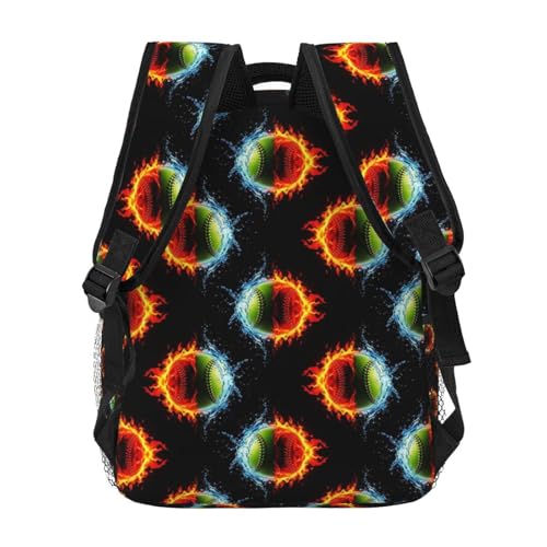 Casual Travel Backpack Ice Water Fire Flame Softball Baseballs for Men Women, Lightweight Water Resistant Commuter Daypack with Laptop Compartment and Side Mesh Pockets - color: Pattern (257)