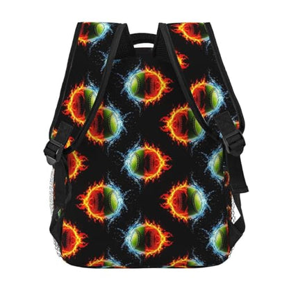 Casual Travel Backpack Ice Water Fire Flame Softball Baseballs for Men Women, Lightweight Water Resistant Commuter Daypack with Laptop Compartment and Side Mesh Pockets - color: Pattern (257)