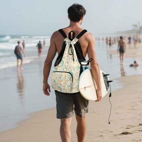 Yuiboo Retro Pattern Drawstring Backpack for Swim Sports Gym Bag with Water Bottle Holder Cinch Back Sack Waterproof