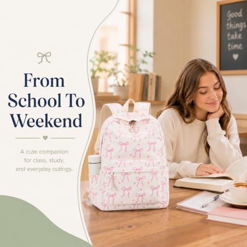 Bluboon School Backpack for Teen Girls Women Laptop Backpack College Bookbags Middle School Travel Work Commuter Back Pack - color: Beige Base Pink Bow & Heart