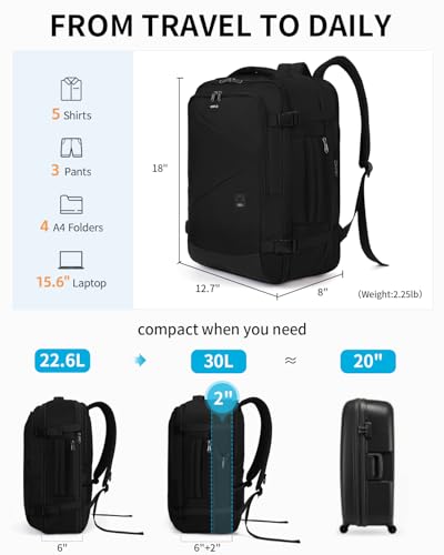 ECOHUB Carry On Travel Backpack, Expandable Airlines Personal Item Bag 18x14x8, Water Resistant 17 inch Laptop Backpack Flight Approved, 12 Pockets 30L Work Backpacks with Wet Pocket & Cable Slot - color: Black, size: 18 inch underseat