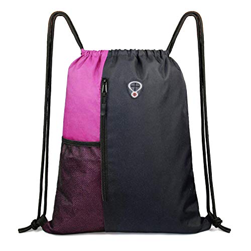BeeGreen Sports Bag Drawstring Backpack With Water Bottle Pocket &Front Zippered Pocket Large String Bag Pack For Men Women - color: Black/Pink, style: Drawstring With Mesh Pocket