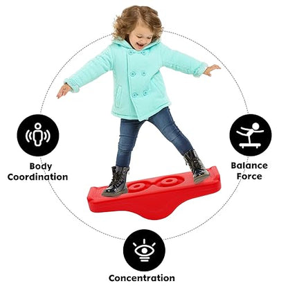 Kids Rocking Seesaw Balance Board with 5 Wooden Balls Sensory Training Rocking Board Balance Training Equipment Children Indoor Outdoor Activity Toy - color: Red