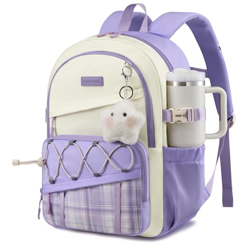 LOVEVOOK School Backpack for Teen Girls - Large Capacity College Student Laptop Backpack,Lightweight Cute Kid Bookbag with Water Bottle Holder, Ideal for school, Travel & Daily Use Fit 15.6" Laptop - color: Purple - Off White, size: 15.6 inch