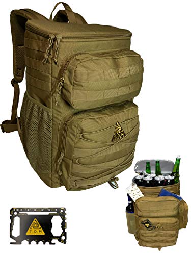 Cooler Backpack, Tactical, Insulated. Heavy Duty, Extra Large, Leak Proof for Hiking, Camping, Beach. Bonus, Credit Card Multi Tool Included