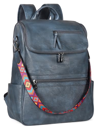 FADEON Laptop Backpack for Women Leather Travel Backpack with Laptop Compartment, Designer PU Shoulder Laptop Bag Blue - color: Dark Blue Retro Style