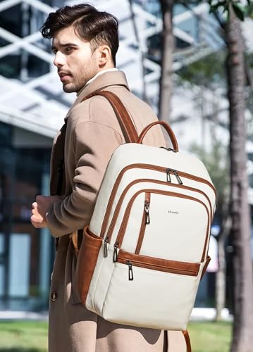 Shrrie 17 inch Leather Laptop Backpack for Women, Large Travel Backpack with 6 Compartments, Computer Backpack Purse for Work College - color: Beige