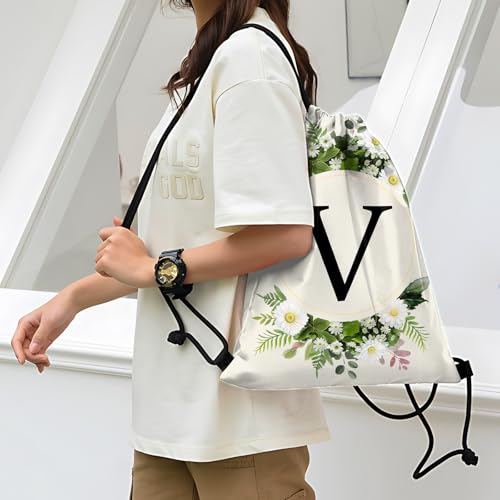 Initial Letter Drawstring Backpack String Sports Gym Bags Waterproof Sackpack Cute for Men Women Beach (13"×17") (Letter-V) - color: Letter-v