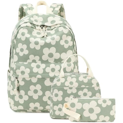 Bluboon School Backpack Set Girls Womens Laptop Bookbag Casual Daypack Fits 15 inch Laptop with Lunch Tote Bag and Pencil Bag - color: Beige Floral / Green-gray Base