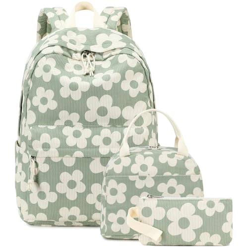 Bluboon School Backpack Set Girls Womens Laptop Bookbag Casual Daypack Fits 15 inch Laptop with Lunch Tote Bag and Pencil Bag - color: Beige Floral / Green-gray Base