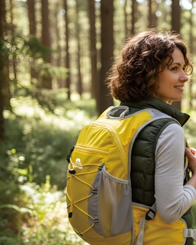 Hydration Backpack with 2L Water Bladder - Lightweight 15L Daypack with Phone-Sized Hip Belt Pockets, Anti-Chafe Cotton Edging & No-Bounce Straps - Small Water Backpack for Hiking, Running, Skiing - color: Yellow