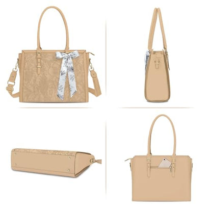 MOSISO Laptop Bag for Women, 15.6-16 inch PU Leather Tote Bag Compatible with MacBook, HP, Dell, Asus Notebook, Front Embossed Retro Hibiscus Computer Bags with Silk Scarf&Clutch Purse, Apricot - color: Apricot, size: 16 inch
