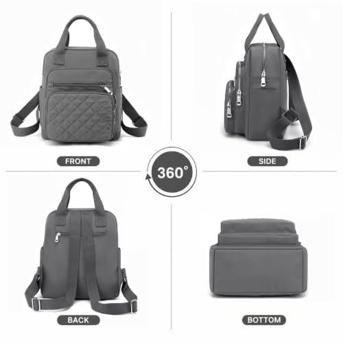 Small Backpack for Women Casual Quilted Square Bag Waterproof Multi Pockets Daypack Lightweight Top Handle Satchel - color: Grey