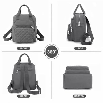 Small Backpack for Women Casual Quilted Square Bag Waterproof Multi Pockets Daypack Lightweight Top Handle Satchel - color: Grey