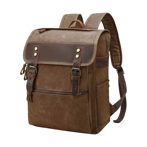 Waxed Canvas Vintage Backpack for Men Women, Coffee | Casual, Genuine Leather, Laptop Travel Rucksack - color: Coffee