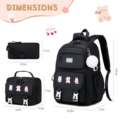 DIGOBAY 3PCS Girls Backpack for School, Kids Backpack for Girls with Lunch Box Pencil Case Set for Teen Girl Elementary Primary Middle High College School Bookbag with Cute Pins (Black) - color: Black