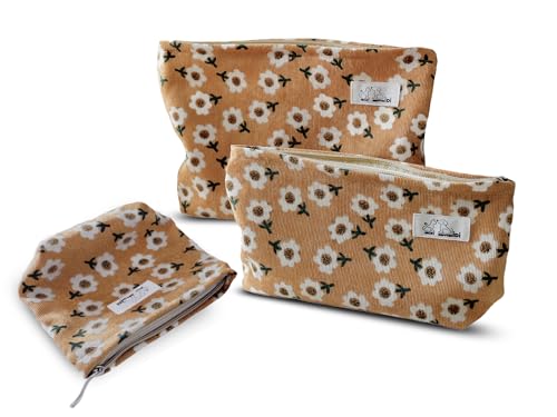 HAPPYHEIDI Floral Makeup Bag Set 3 Cosmetic Toiletry Organizer Zipper Pouch for Purse Tote, Women Girls Gift, Large Medium Small, Kihaki Brown Corduroy - color: Khaki Floral Corduroy Set of 3