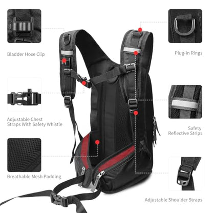 Hydration Pack, Insulated Hydration Backpack with 2L Hydration Bladder, Hiking Backpack for Men Women Kids, Water Backpack for Hiking, Running, Cycling, Camping - color: Black Red