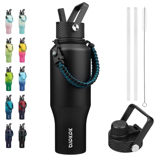 BJPKPK Insulated Water Bottles with Straw Lid, 35oz Metal Water Bottle with 2 lids & Paracord Strap, Double Wall Stainless Steel Vacuum Tumblers, Cups, Mugs, Thermo for Hot& Cold Drinks, Black - color: Black, style: 35oz