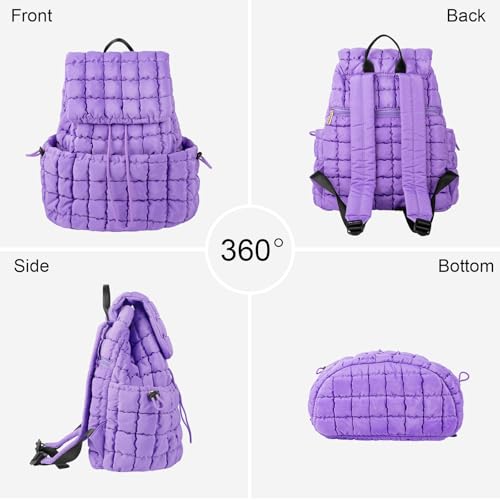 XSUIOY Quilted Backpack Purse for Women Small Lightweight Puffer Puffy College Laptop Backpack Nylon Casual Bookbag Daypack Top Flap Drawstring Padding Hiker Travel Gym Backpack(Purple) - color: Purple