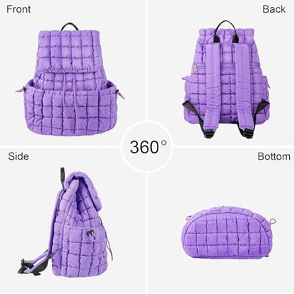 XSUIOY Quilted Backpack Purse for Women Small Lightweight Puffer Puffy College Laptop Backpack Nylon Casual Bookbag Daypack Top Flap Drawstring Padding Hiker Travel Gym Backpack(Purple) - color: Purple