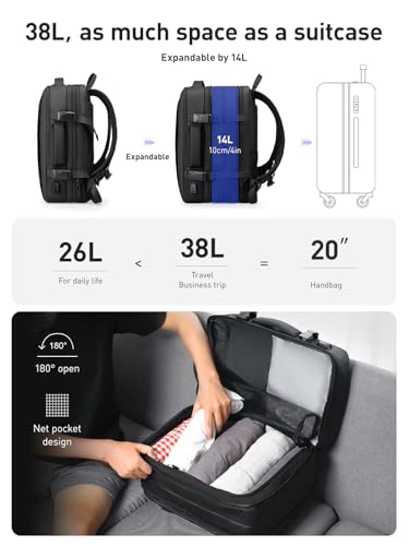 MARK RYDEN Travel Backpack for Men, 38L Airline Approved Carry on Backpack with USB Charging Port, 17.3 Inch Waterproof Business Laptop Backpack