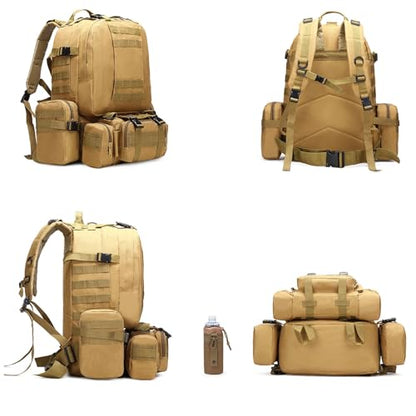 60L Tactical Backpack Military 3-Day Assault Pack, Waterproof Molle System Rucksack with Detachable Bag, Survival Bug Out Backpack for Men & Women(Brown) - color: Brown