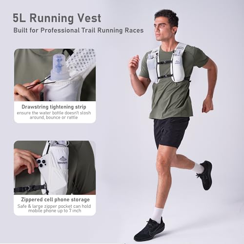 Running Vest for Women Men, 5L Hydration Vest with Dual 500ml Soft Flask, Lightweight Water Backpack, Adjustable Chest Straps Running Hydration Backpack for Running Cycling Hiking - color: White