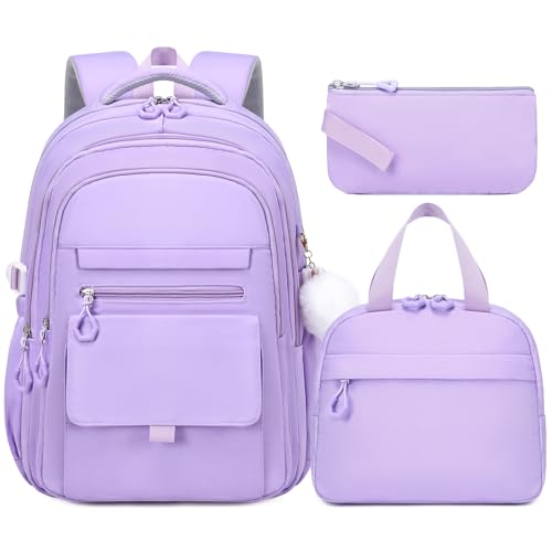 GeeWin Backpacks for Girls, Girls Backpack with Lunch Box & Pencil Case Set, 17 Inch Waterproof Girl Bookbag with Lots of Pockets for Kids, Teens, Elementary Middle High College School Student(Purple) - color: Purple