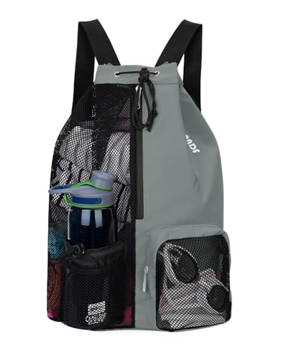 WANDF Swim Bag Mesh Drawstring Backpack with Wet Pocket for Swimming, Gym, and Workout Gear - color: Grey, size: Large