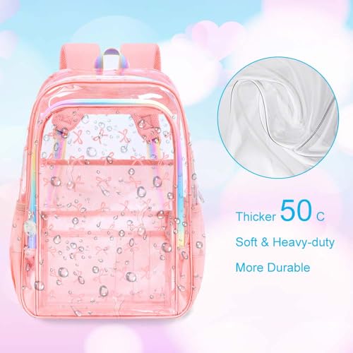 gxtvo 3PCS Transparent Backpack for Girls Heavy-Duty Set for Women & Teen, 17" Pink Clear Bookbag with Rainbow Strap, Sweet Bow See Through School Bag - color: Pink Elegant Bow Clear Backpack Set