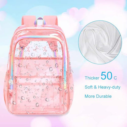 gxtvo 3PCS Transparent Backpack for Girls Heavy-Duty Set for Women & Teen, 17" Pink Clear Bookbag with Rainbow Strap, Sweet Bow See Through School Bag - color: Pink Elegant Bow Clear Backpack Set