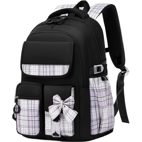 MCWTH Checkered Backpack for Teen Girls, Kawaii Cute Kids Elementary Student School Backpacks (Bow Black) - color: Checkered Black