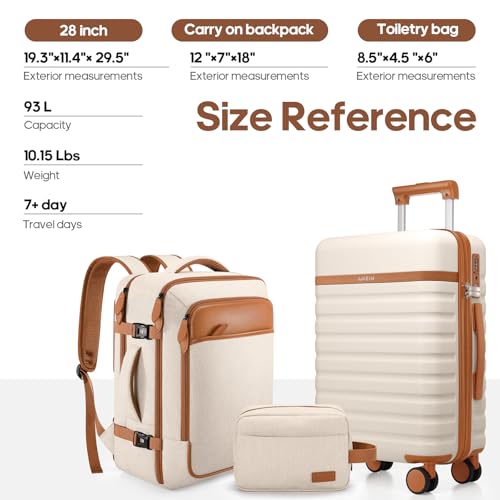 UKEIN Luggage Sets 3 Piece, PC Hardside Carry On Luggage 28 Inch With Spinner Wheels with TSA Lock, Carry On Suitcase Set With Travel Backpack for Men (Beige, 3 piece set (28inch)) - color: Beige, size: 3 piece set (28inch)