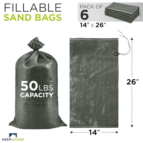 Heavy Duty Sand Bags Pack of 6, Army Green Empty Sandbags with Built-In Ties, Woven Polypropylene UV Protection 1600 Hours, Fillable Bags for Flood Control, Weight, 14x26 inches, 50 Pounds Volume - size: 14"W x 26"L, style: Pack of 6
