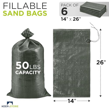 Heavy Duty Sand Bags Pack of 6, Army Green Empty Sandbags with Built-In Ties, Woven Polypropylene UV Protection 1600 Hours, Fillable Bags for Flood Control, Weight, 14x26 inches, 50 Pounds Volume - size: 14"W x 26"L, style: Pack of 6