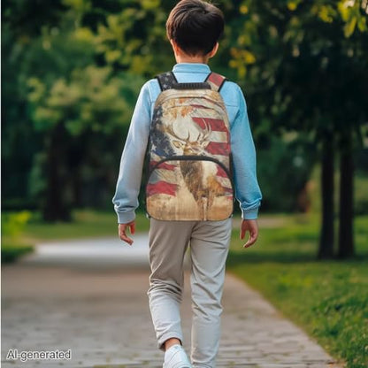 3 in 1 School Backpack, 3PCS American Flag Elk Kids Bookbag Set Large Capacity 17 Inch Student Backpack with Lunch Box and Pencil Case - color: American Flag Elk