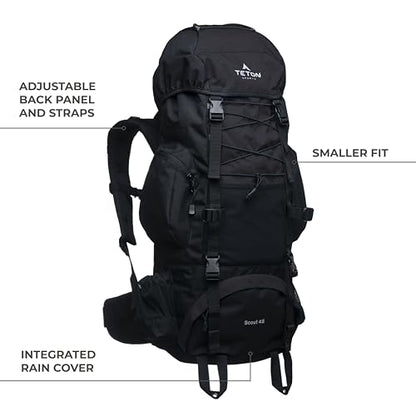 Teton 65L Scout Internal Frame Backpack for Hiking, Camping, Backpacking, Travel, Rain Cover Included, Black - color: Black, size: 65L