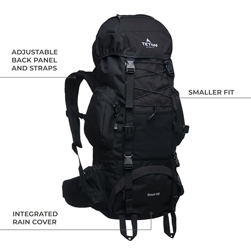 Teton 55L Scout Internal Frame Backpack for Hiking, Camping, Backpacking, Travel, Rain Cover Included, Black - color: Onyx, size: 55L